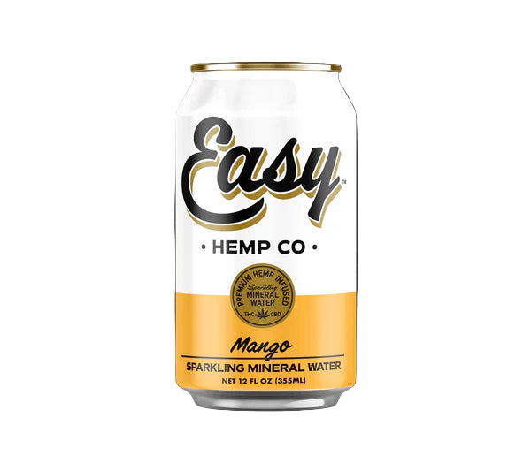A can of Easy Hemp Co. Grapefruit Sparkling Mineral Water with a white and pink color scheme.