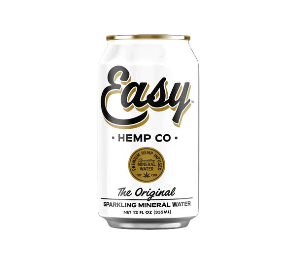 A can of Easy Hemp Co. Grapefruit Sparkling Mineral Water with a white and pink color scheme.