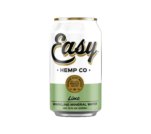 A can of Easy Hemp Co. Grapefruit Sparkling Mineral Water with a white and pink color scheme.