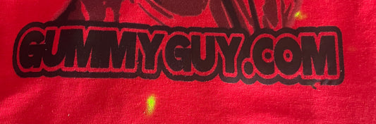 Red fabric with 'GummyGuy.com' printed in black.